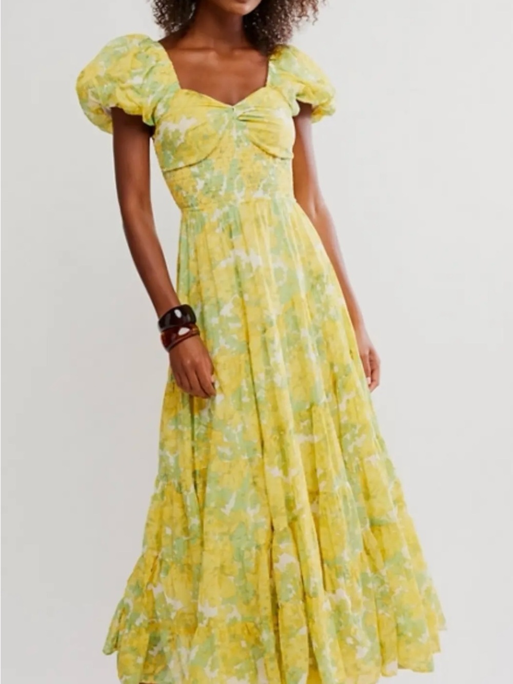 Free people Bloomingdale's Yellow Floral Puff-Sleeve Maxi Dress